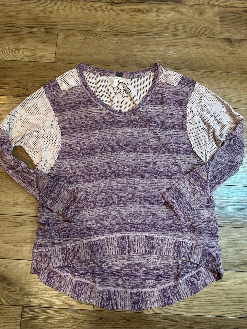 We The Free Lavender Heather Knit Top with White Mesh Sleeves